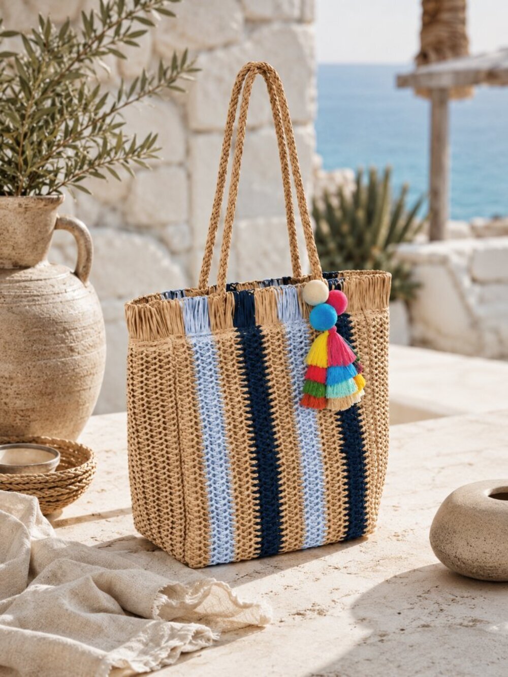 Straw Tote Bag Striped Navy Tassel Zipper Lined Boho Mediterranean Vacation - Picture 3 of 13